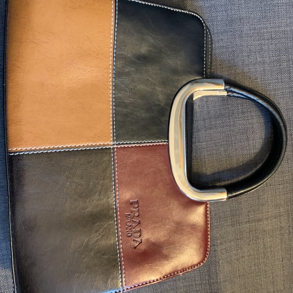 Prada Handbag Red, Black, Camel Tiled Leather